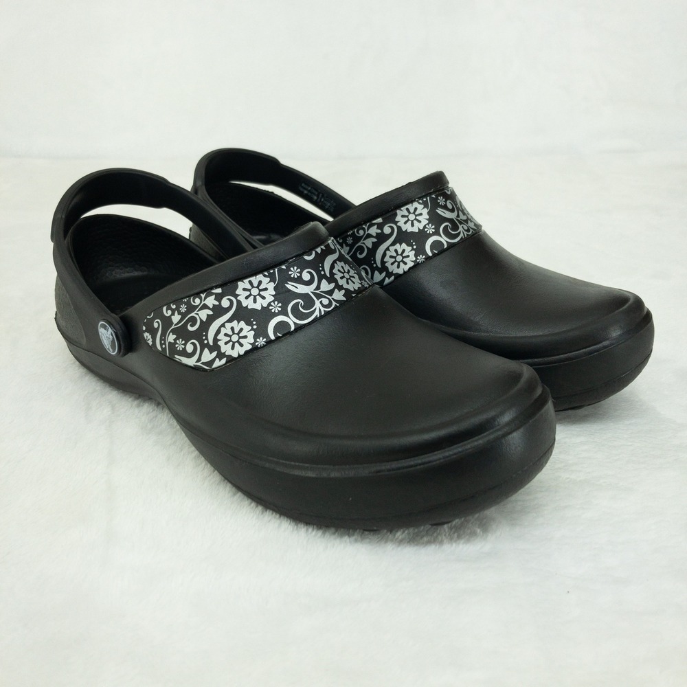 Crocs Mercy Work Clogs Womens 8 Black Floral Slip Resistant Professional Shoes